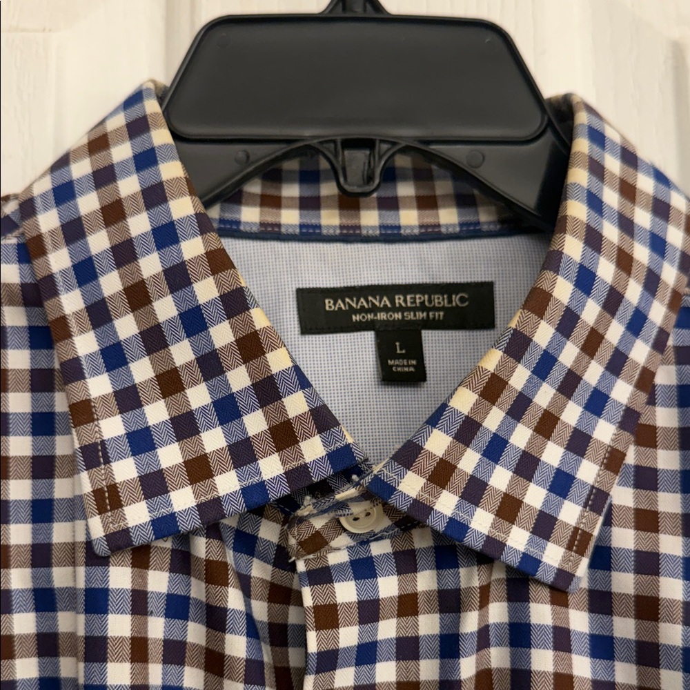 Banana Republic Men's Blue and Brown Checkered Shirt